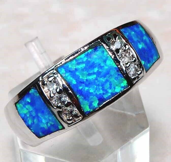 Elegant Australian Opal Inlay with Topaz 925 Sterling Silver Ring Size 7 TD2