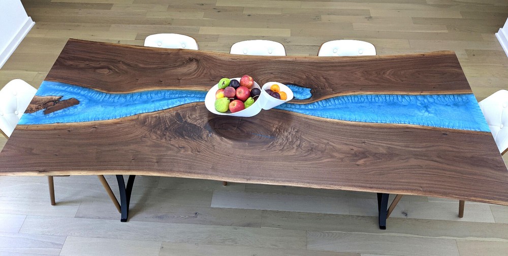 Blue Epoxy Resin Dining Table, Live Edge Wooden Desk Table, Acacia Furniture