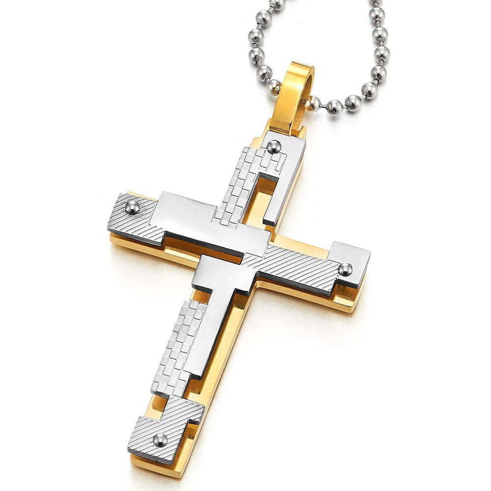 Large Steel Men Cross Pendant Necklace Irregular Double-Layer Checkered Silve...