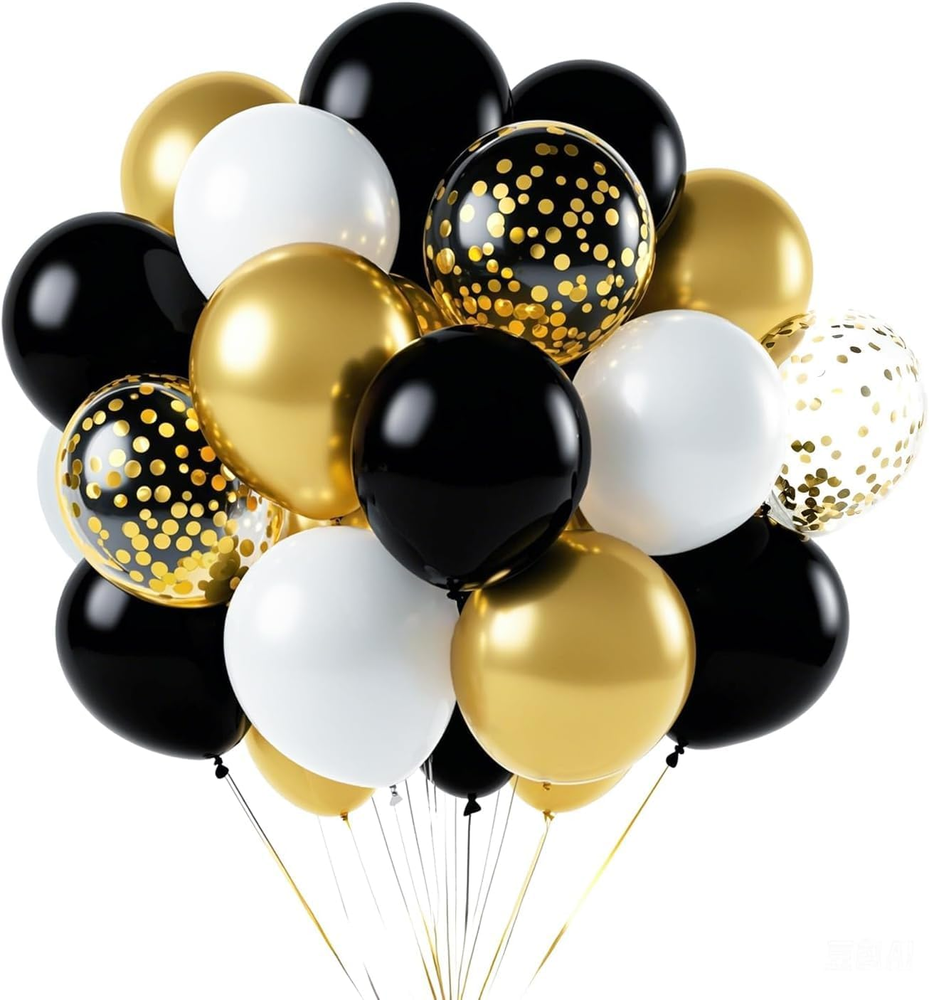 Black White Gold Confetti Balloons Garland Kit, 66Pcs 12 Inch Latex Party Balloo