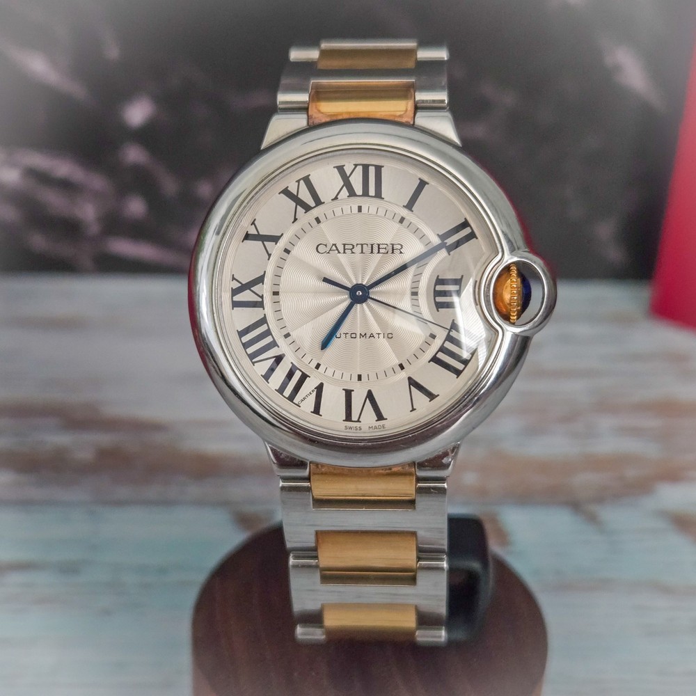 Cartier Ballon Bleu 36mm Silver Roman Dial 18K Gold Stainless Steel Watch with Box and Booklet