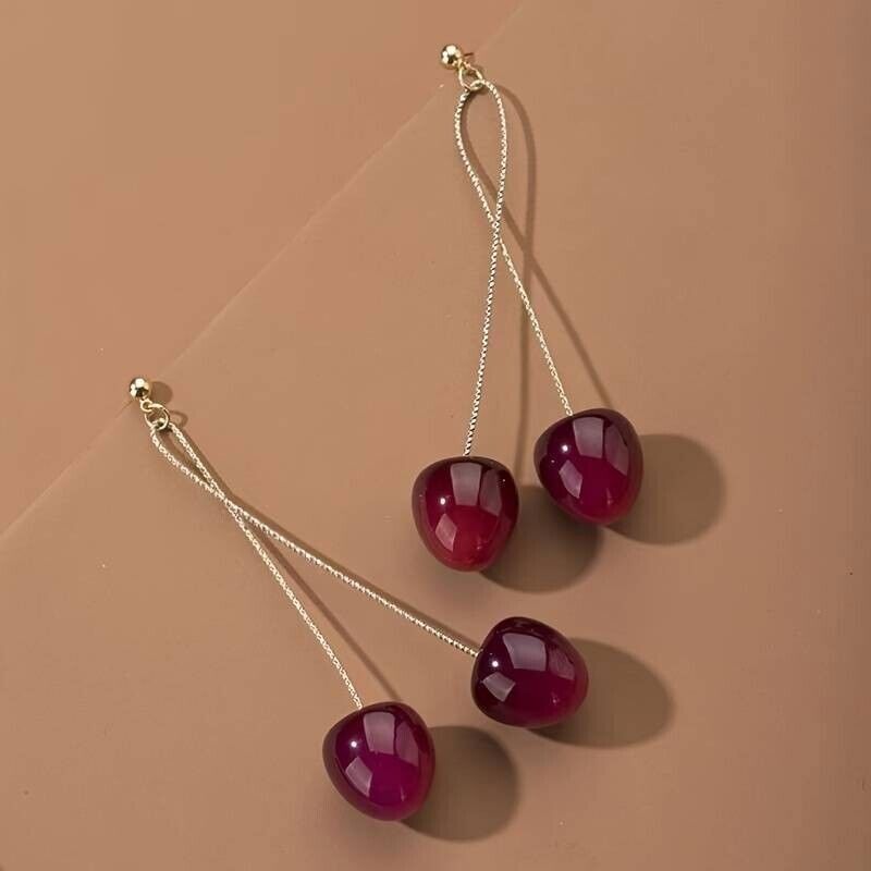2025 Double Cherry Earrings! Rich Dark Red And Ripe!! Gold Filled Stem Stud GIFT