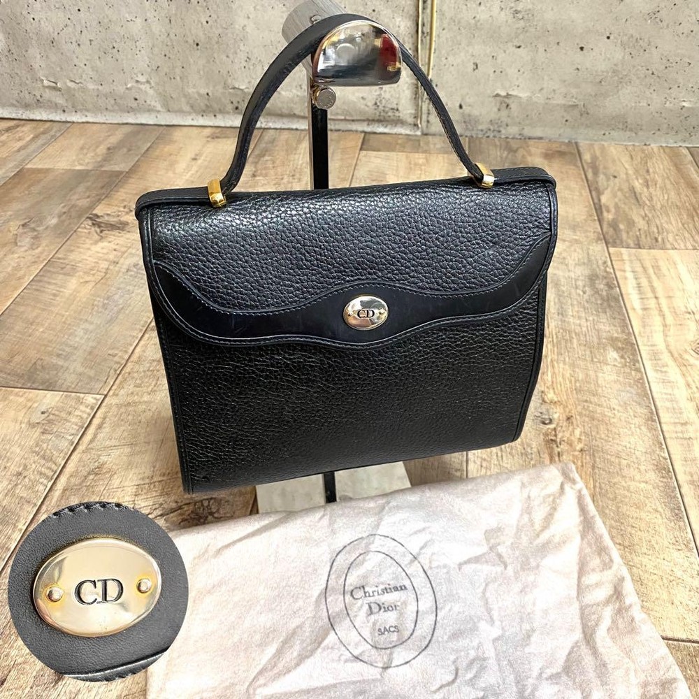 Christian Dior CD Logo Leather Tote Bag Black Used