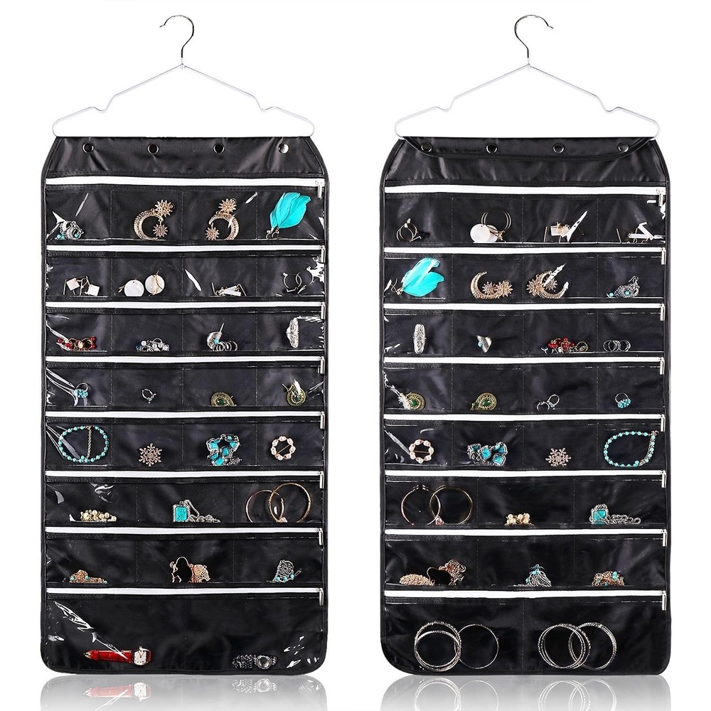 Flexzion Black Hanging Jewelry Organizer with Zippered Pockets - Space-Saving Storage