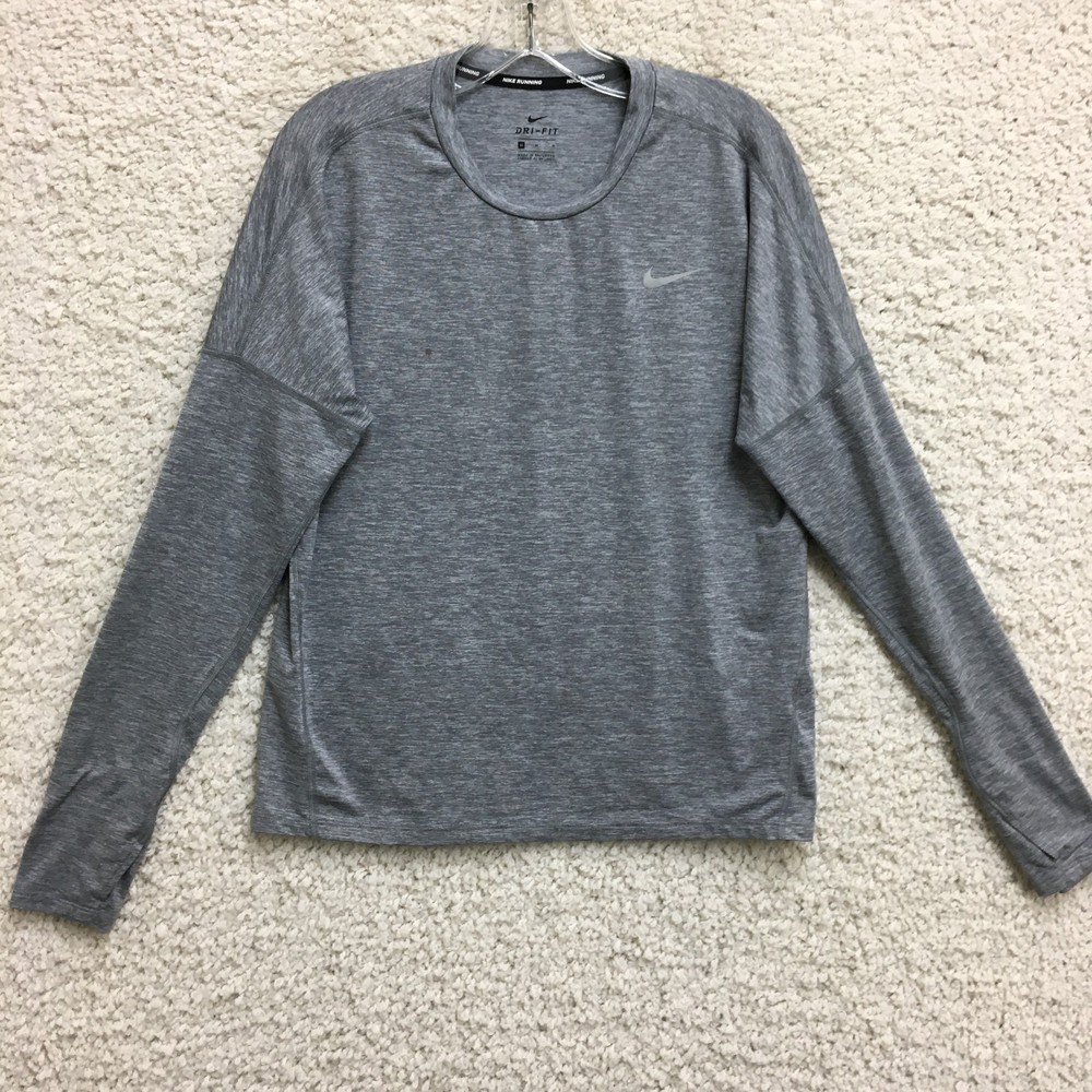 Nike Running Shirt Medium Adult Gray Dri Fit Swoosh Long Sleeve Athletic Tee Men