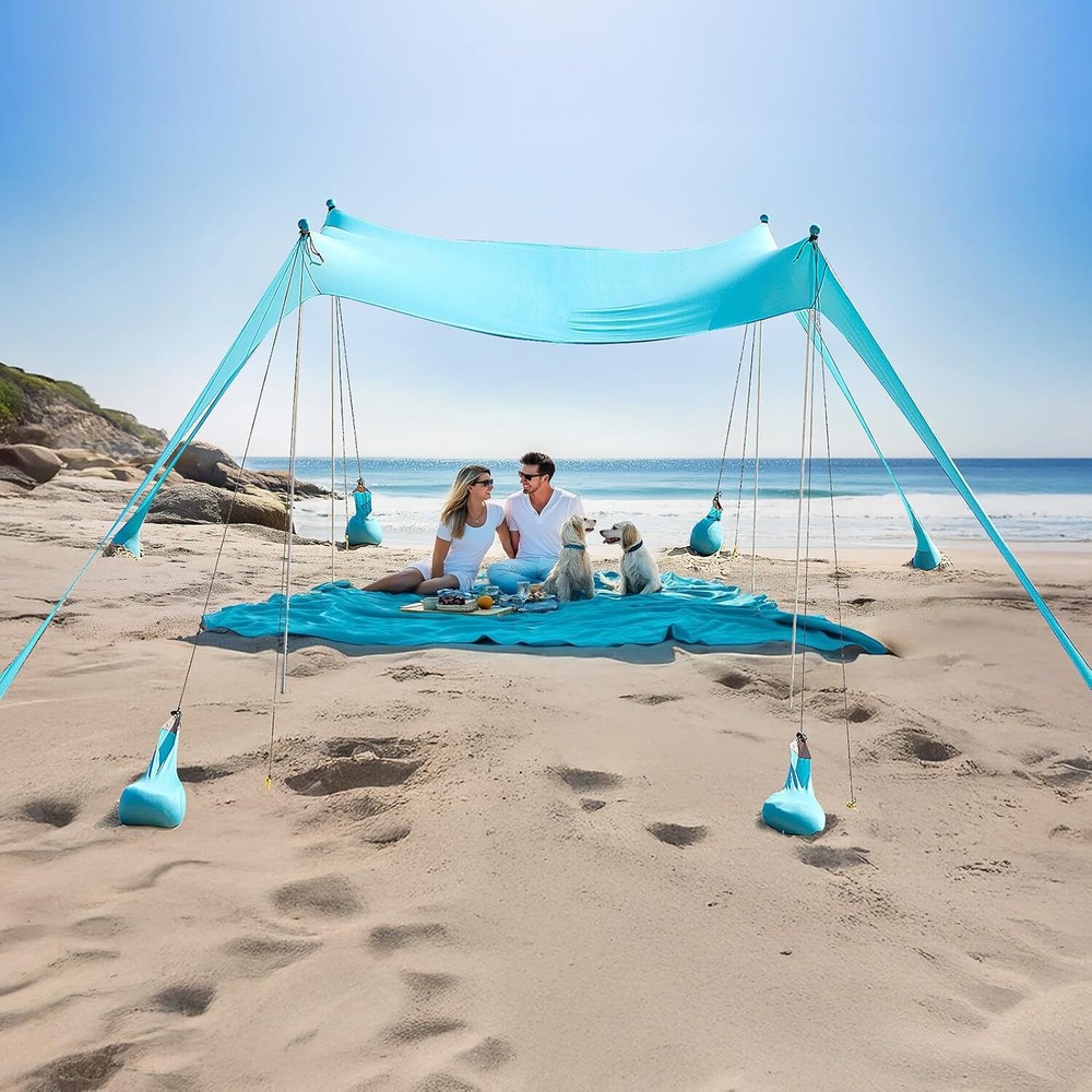 10x10FT Beach Tent Sun Shelter with UPF 50+ Protection and 8 Sandbags for Shade