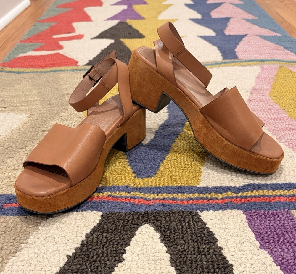 Seychelles Brown Leather Block Heel Sandals Women’s 9.5 Ankle Strap Buckle Suede