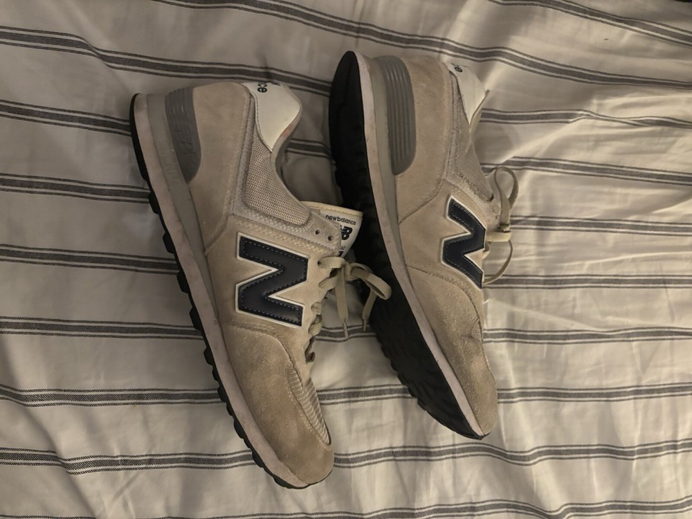New Balance 574 tan and navy blue well worn but in good condition