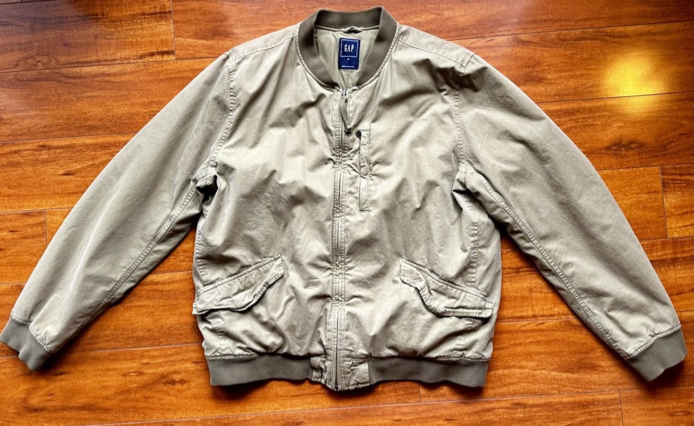 Gap Mens Bomber Jacket XL Green Full Zip Lightweight Khaki Green Great Spring pc