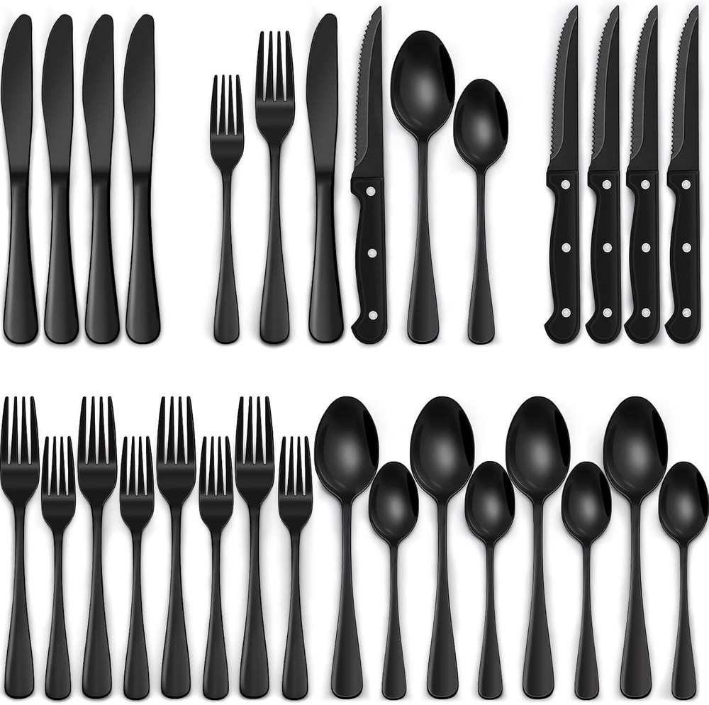 24-Piece Black Silverware Set for 4 with Steak Knives, Durable Flatware