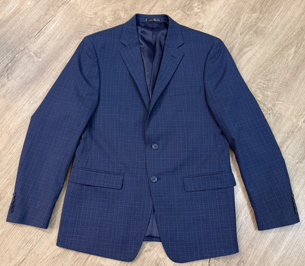 Calvin Klein 42R Blue Check 100% Wool Blazer Sport Coat 2-Button