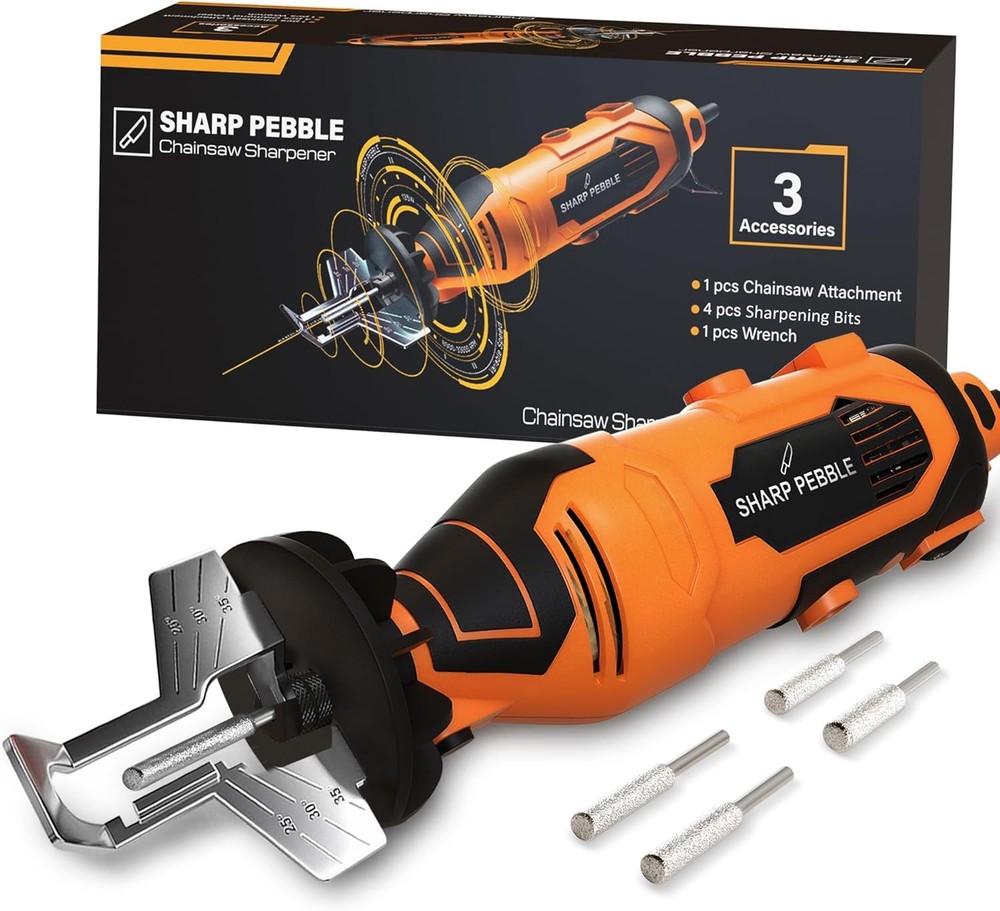 Sharp Pebble Electric Chainsaw Sharpener Kit with Chain in Black and Orange