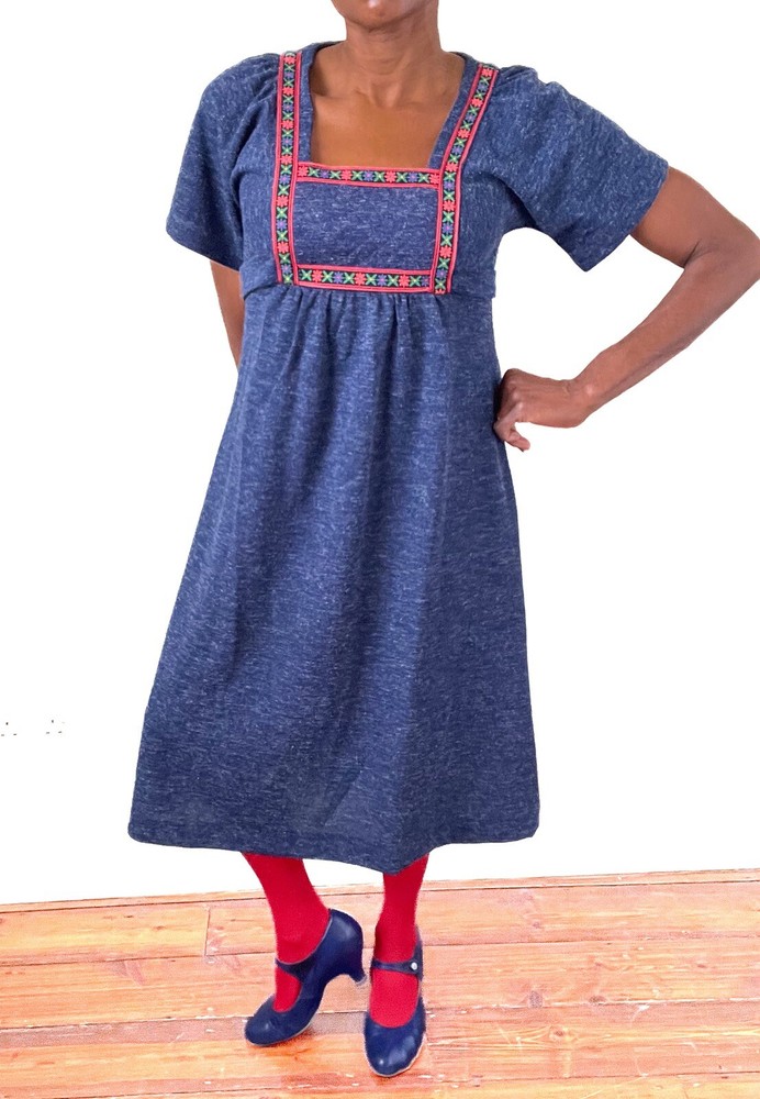 ACKERMANN 1970s Vintage Empire Waist Dress in Blue Size UK 10-12