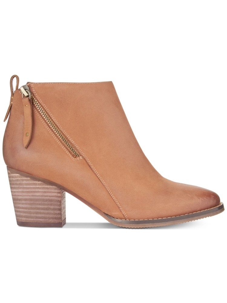 AQUA COLLEGE Womens Brown Back Pull Tab Nancy Toe Block Heel Leather Booties 9 M