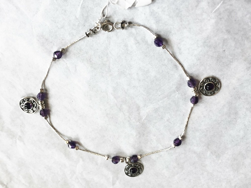 Sterling Silver Amethyst Ankle Bracelet with Pendant Charm
