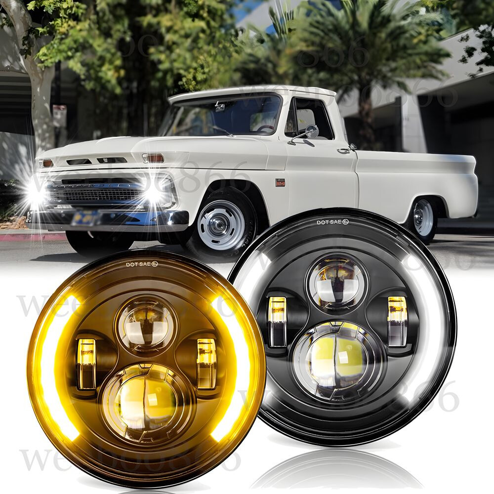 For Chevrolet C10 1960-1966 Pair 7 inch Round LED Headlight DRL HI/LO Beam Lamps