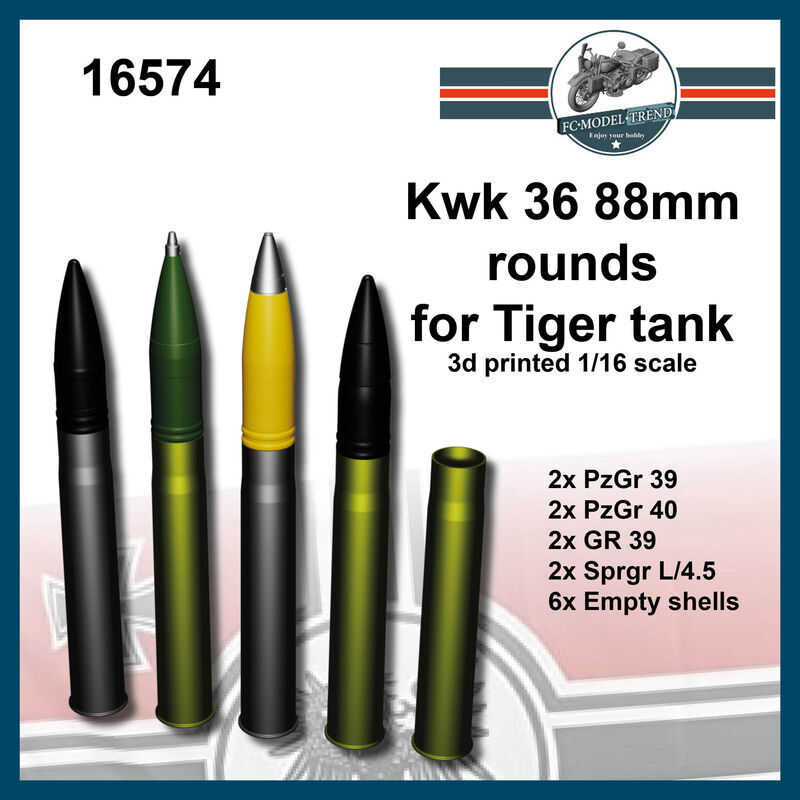 FC Model Trend 1/16 KwK 36 88mm Rounds for Tiger Tank (3D Printed Kit)