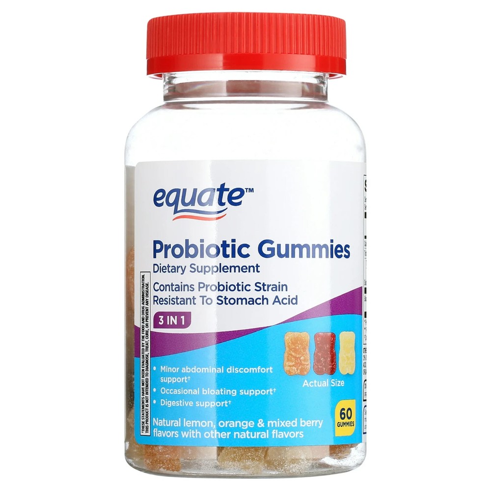 Equate 3-in-1 Daily Probiotic Dietary Supplement Gummies Fruit Flavors, 60 Count