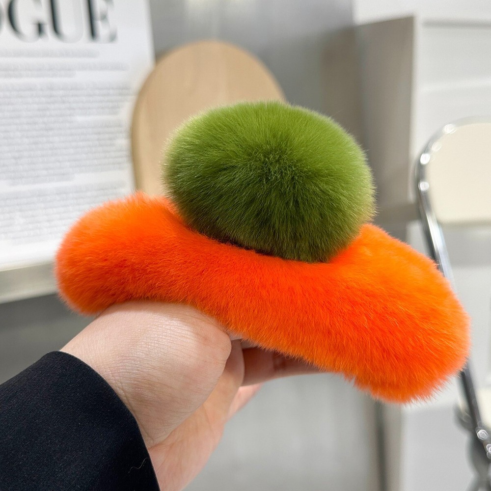 Women's Cute  Real Rabbit Fur Hair Clip Persimmon Hair Claw Bobby Pin Barrette