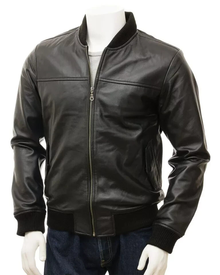 Men’s Pure Lambskin Leather Brown Bomber Jacket Retro Biker Rib Collar Jacket