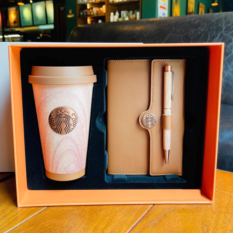 Starbucks China 2022 Wood Grain 13oz Stainless Steel Vacuum Cup with Notebook Pen Gift Set
