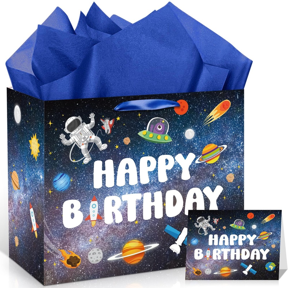 Outer Space Themed Kids Birthday Gift Bag with Rocket Planet Card and Tissue Paper  