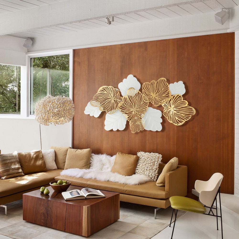 Metal Flower Wall Decor, 3D Gold Leaf Flower Decoration Modern Decor Wall Sculpt