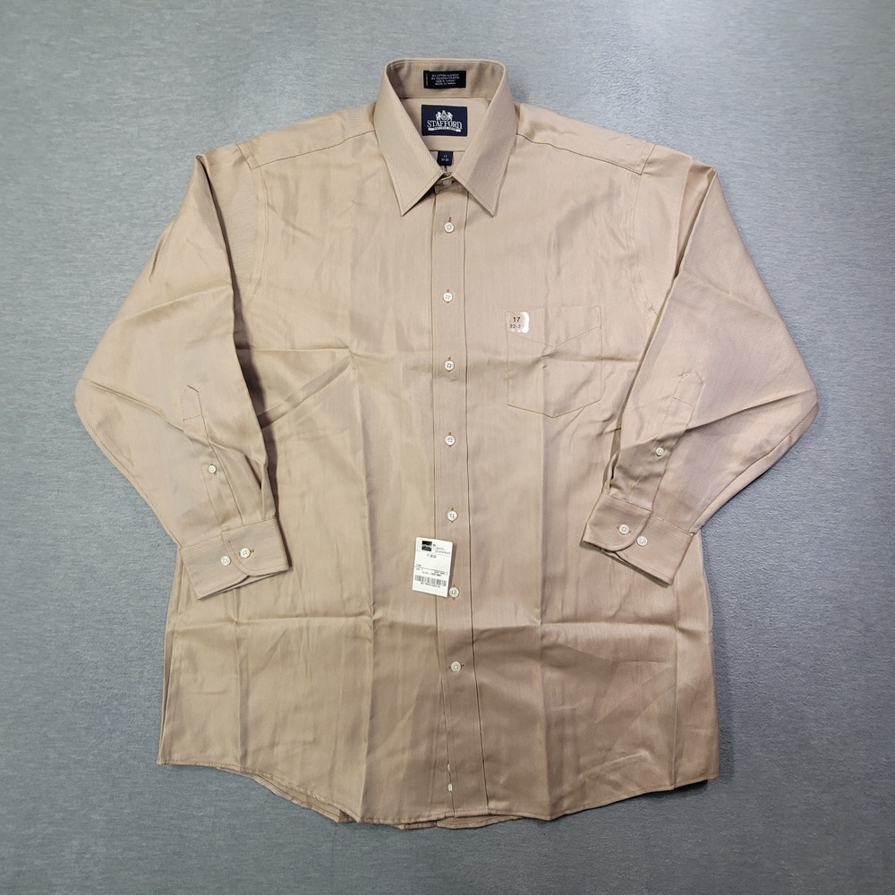 Stafford Shirt Mens 17 32/33 Tan Button Up Chest Pocket Wrinkle Free Classic NWT