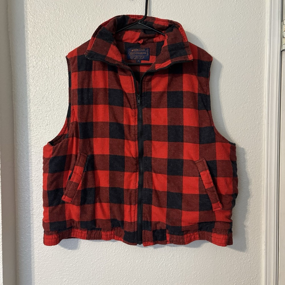 Vintage Woodland Thick Quilted Warm Vest- Red & Black Plaid; Size XL