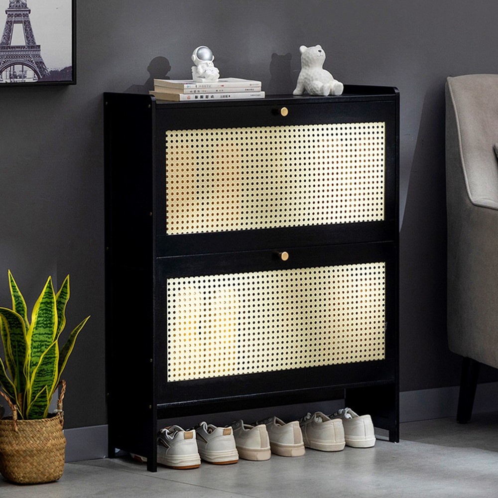 Rattan Shoe Cabinet Freestanding Shoe Rack Storage Cabinet W/Drawers