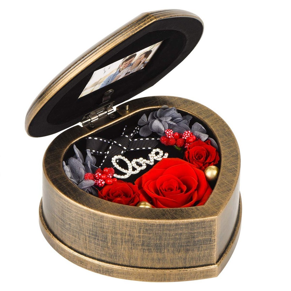 Handmade Preserved Flowers 3 Real Red Rose in Musical Box with Photo Frame, L...