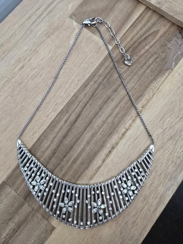 Brighton American Beauty Crystal Flower Collar Bib Necklace Silver Plated