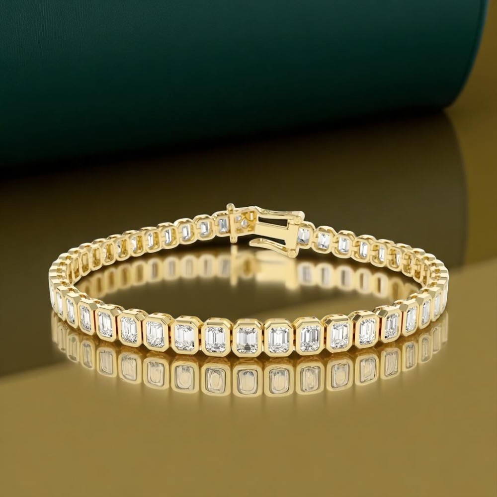 14K Yellow Gold Womens Emerald Cut Diamond Bracelet GLI Lab Grown 10 Carat
