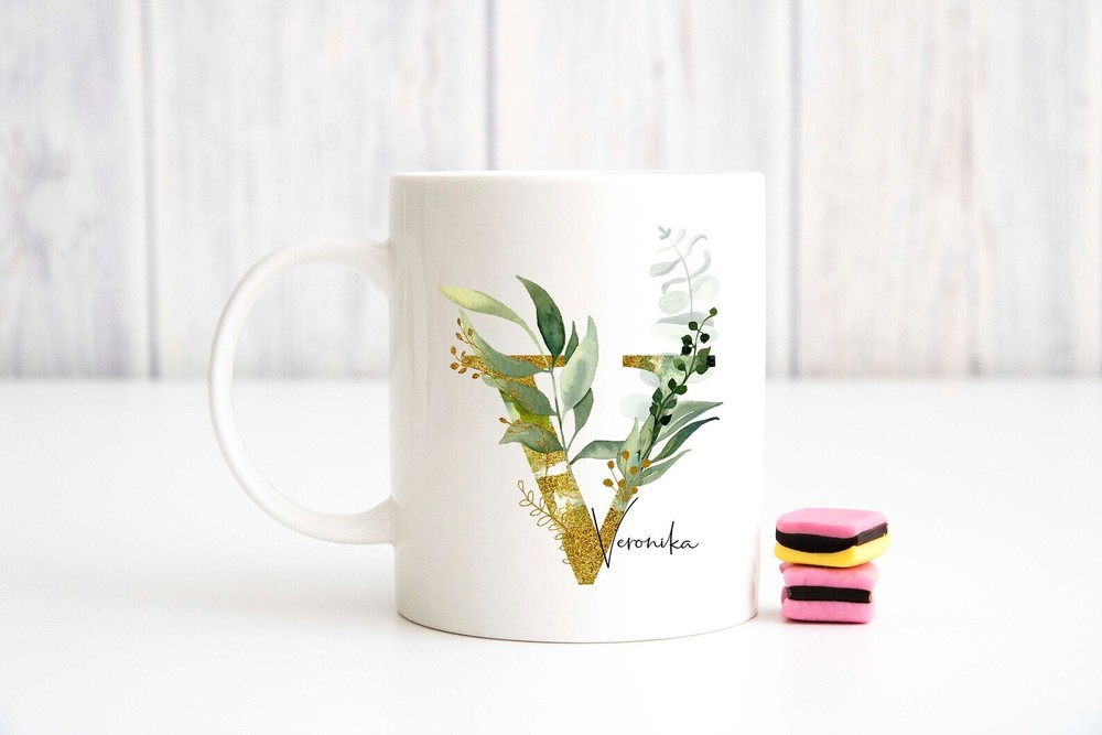 Personalized Name Initial Letter Monogram Floral Alphabet Mug V Gold Initial