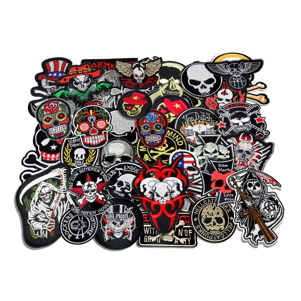 24Pcs/Lot Mixed 5-12Cm Iron-On Embroidered Patches Skull Style Appliques