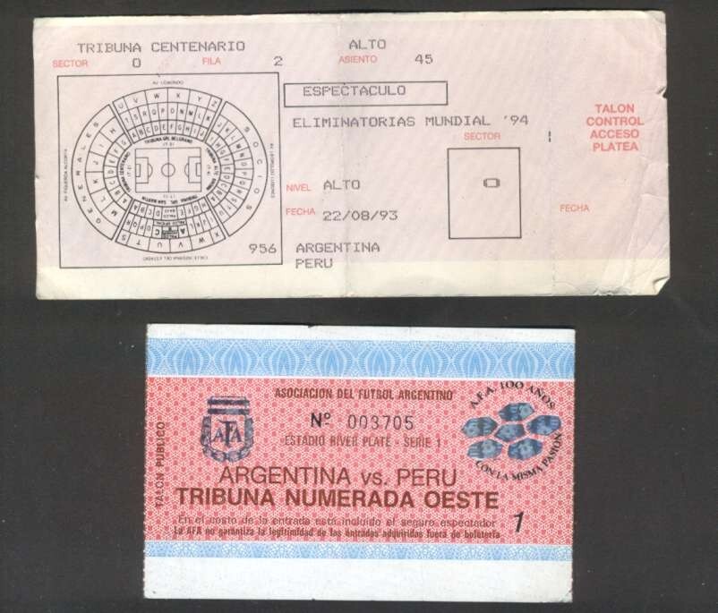 USA Pre Soccer World Cup 1993 Ticket Argentina 2 vs Peru 1 River Plate Stadium