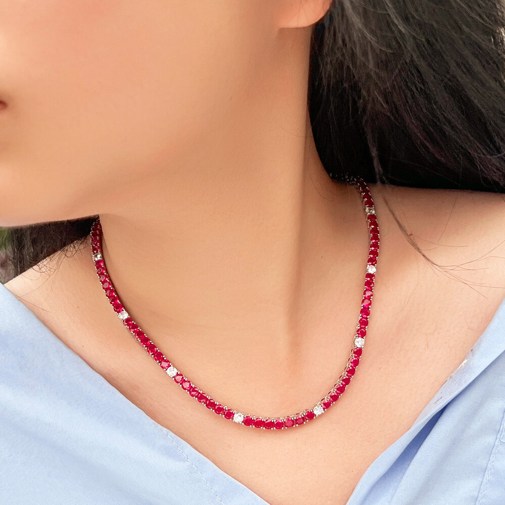 Elegant Silver Plated Red CZ Tennis Necklace for Women Party Jewelry