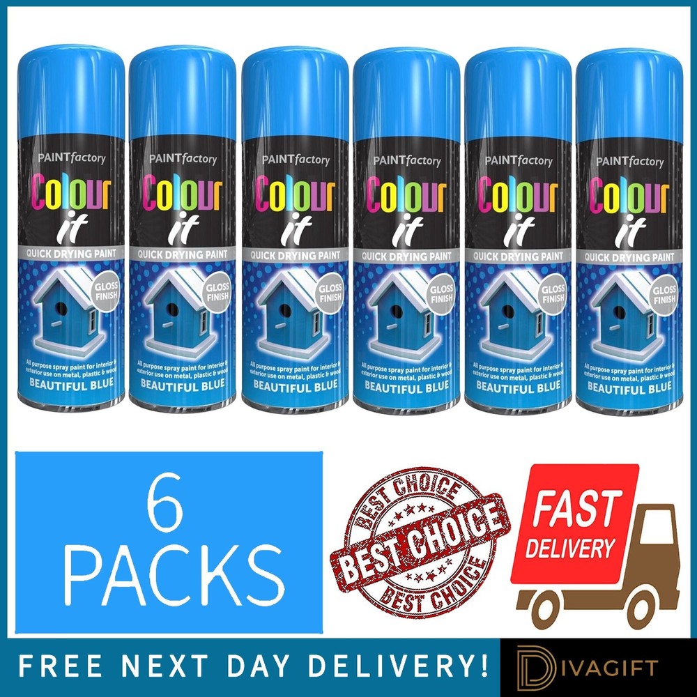6 x BEAUTIFUL BLUE GLOSS FINISH SPRAY PAINT 250ML FOR METAL WOOD PLASTIC NEW