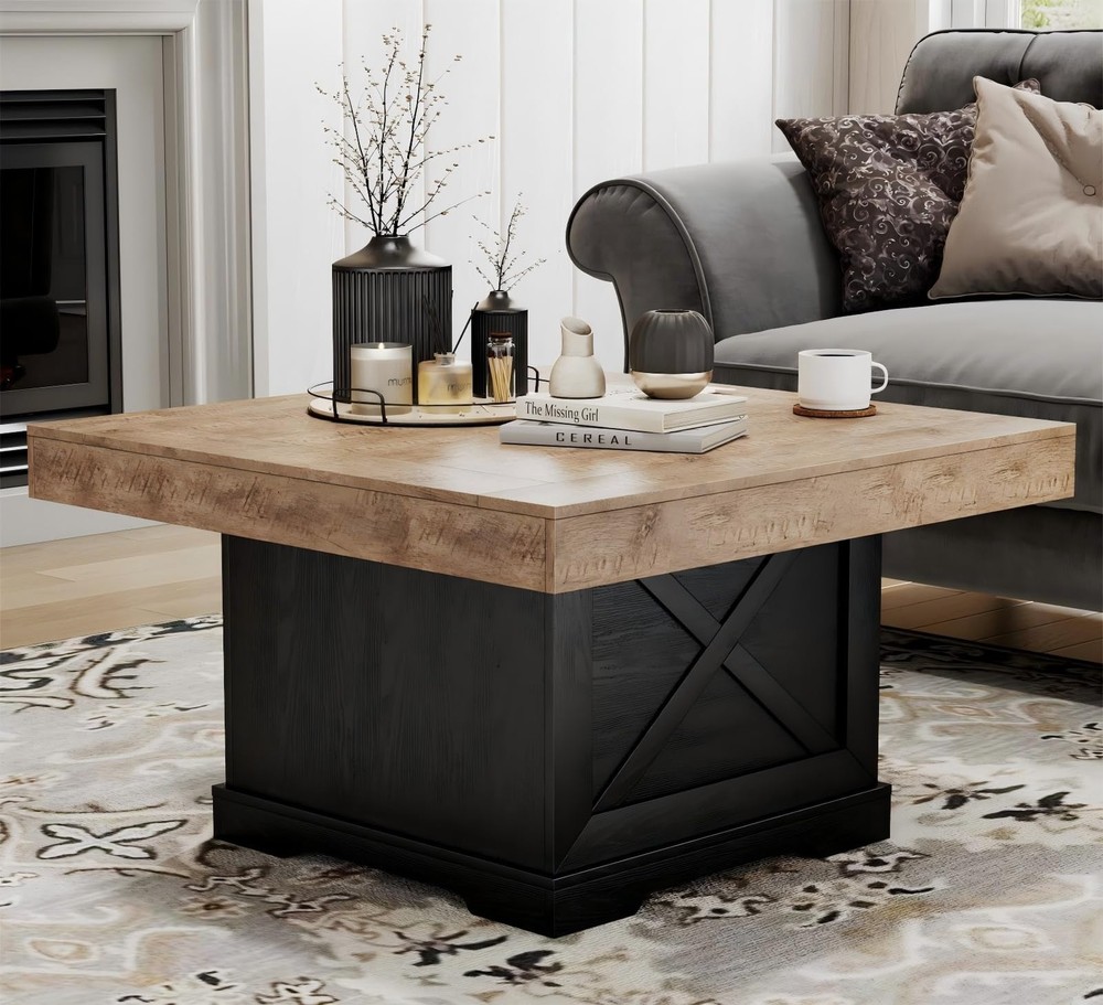 Rustic Dark Wooden Pedestal Table 315 with X Design for Living Room
