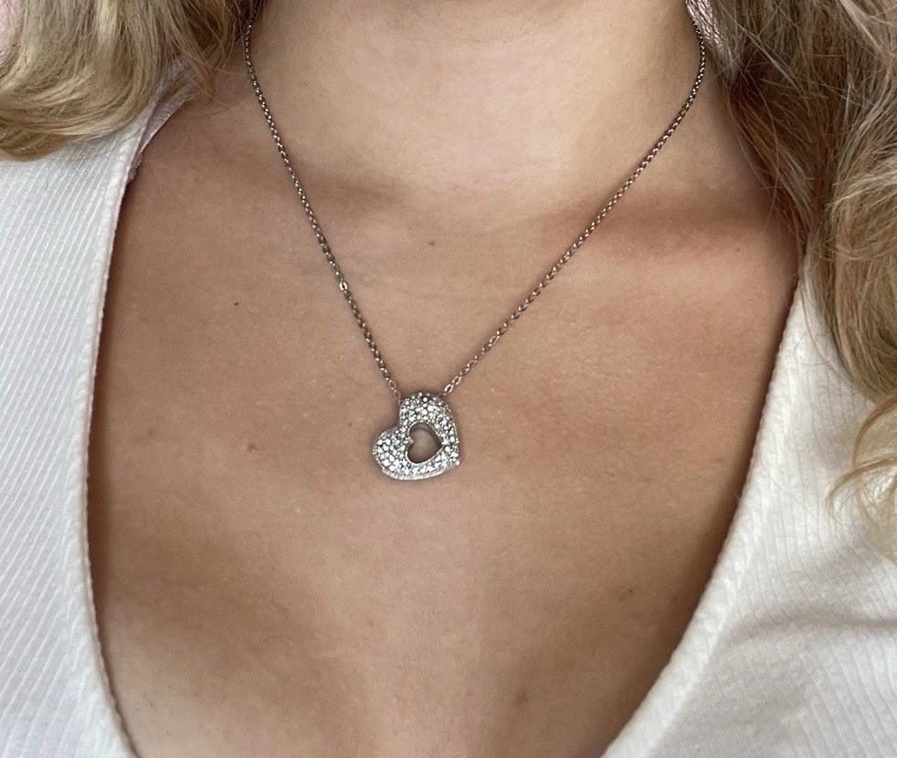 christian dior rhinestone heart silver plated pendant necklace