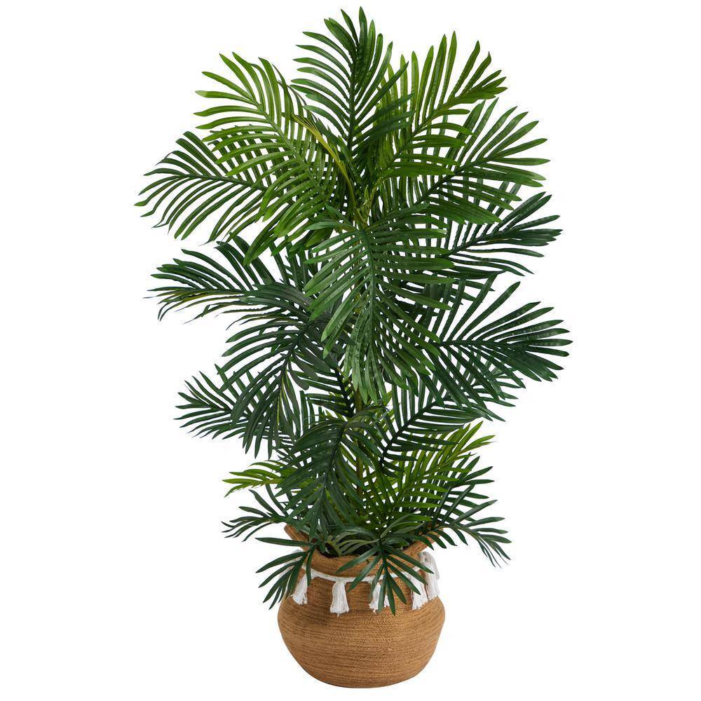 4 Ft Green Areca Faux Palm in Boho Chic Cotton Planter with Rattan Base