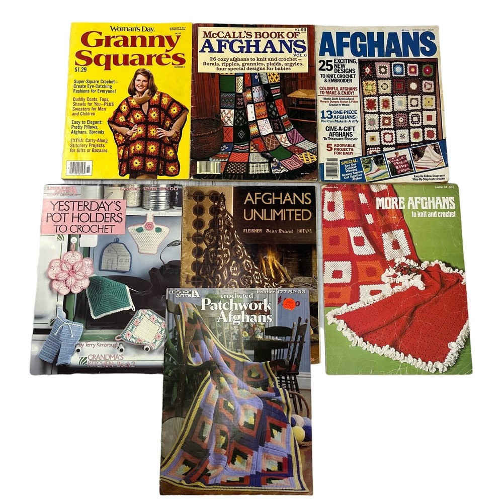 Vintage Afghan Granny Square Patchwork Crochet Pot Holders Magazine Lot Of 7