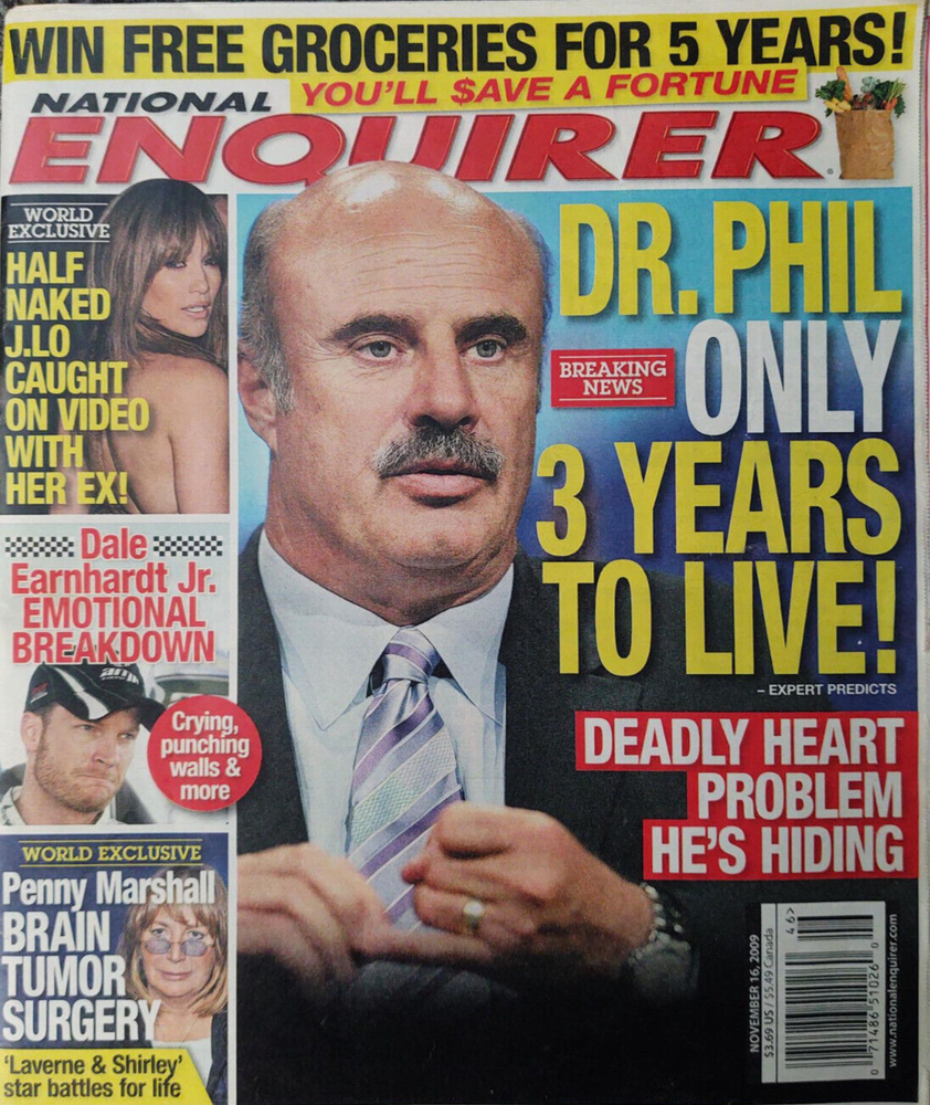 National Enquirer Magazine Dr. Phil J.Lo  Penny Marshall cover Nov 16, 2009