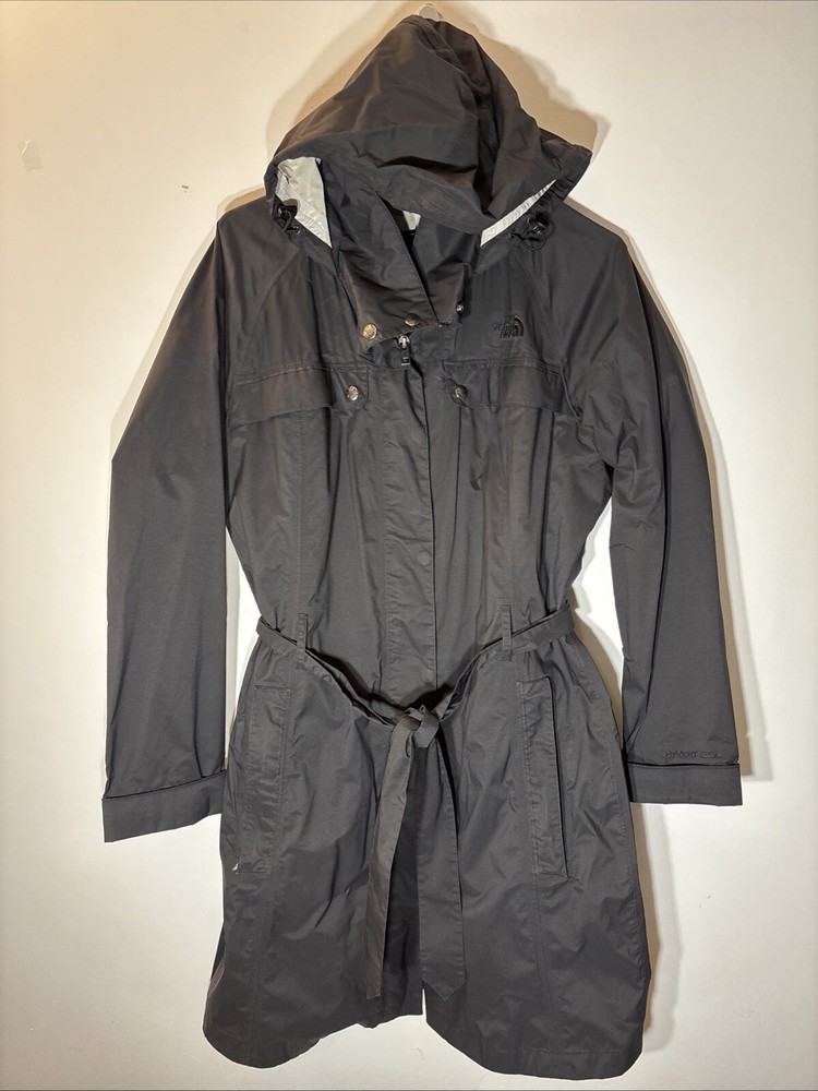 THE NORTH FACE Women Black HyVent Waterproof Hooded Windbreaker Raincoat Trench Coat Size LP
