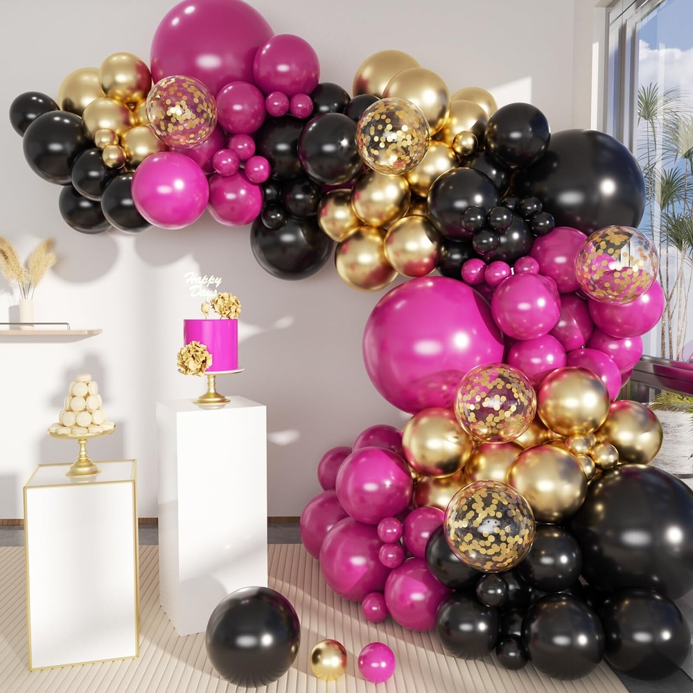 MEBAY Black Red and Gold Balloon Arch Kit 141Pcs Matte Black Hot Pink Gold Me...