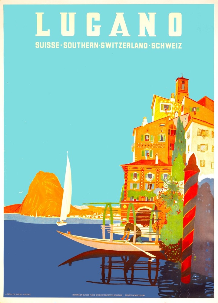 Lugano original authentic 1950 Swiss travel poster by Daniel Buzzi on linen exce