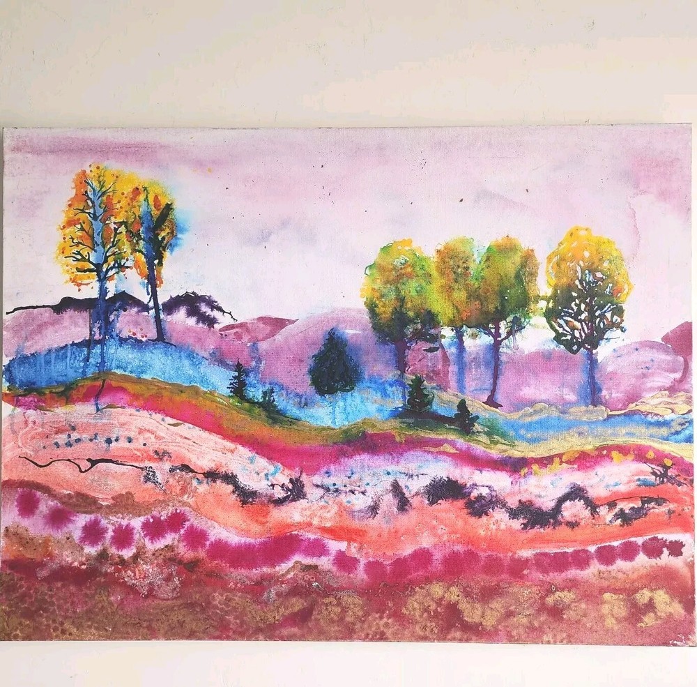 Painting Watercolor Landscape Trees Autumn Original Art Large Canvas 40