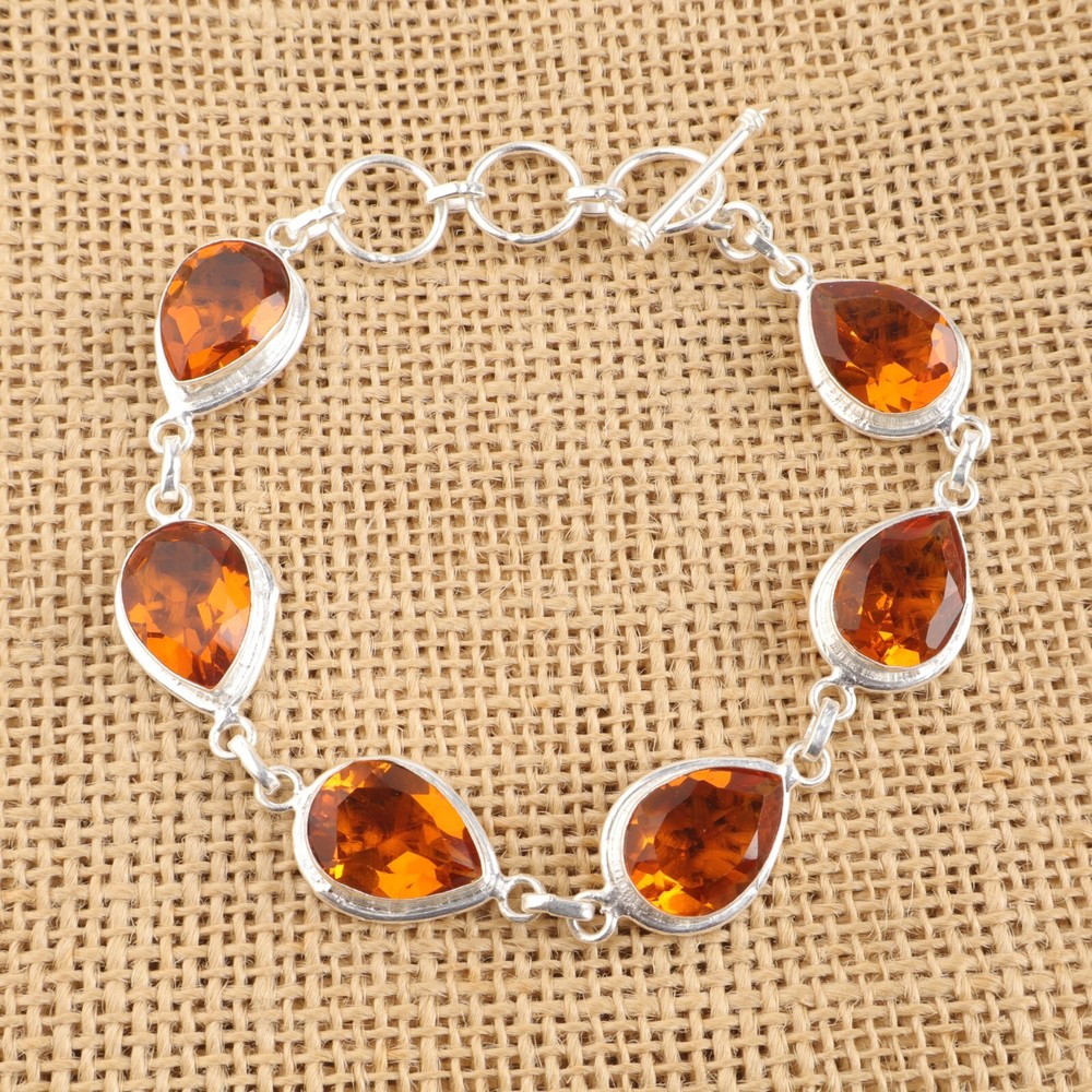 Elegant Pear-Cut Natural Citrine 925 Silver Art Deco Mother Anniversary Chain Bracelet