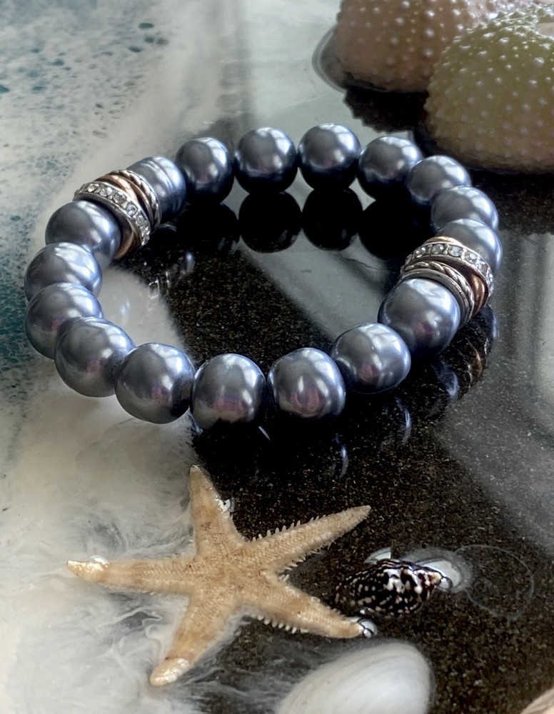 Flash Sale! RARE Brighton Neptune’s Rings Gray Glass Pearl PAVE Stretch Bracelet-image