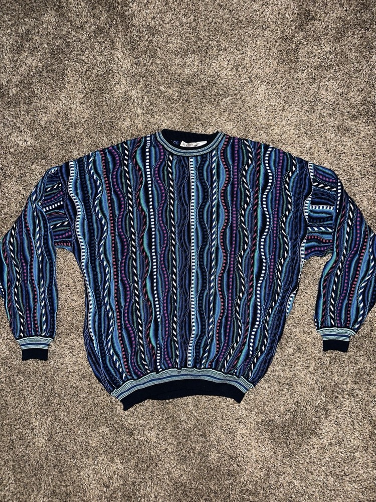 Vintage St Croix Sweater Mens Sz Large Blue Pink Textured Striped Geometric 90s